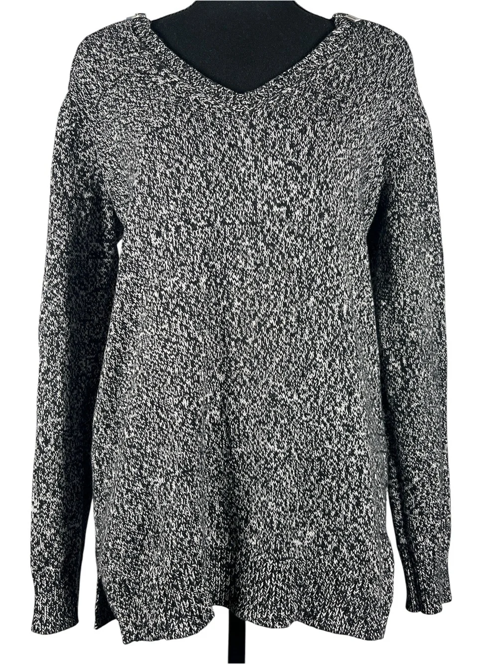 Michael Kors Black and White V-Neck Zipper Shoulder Sweater, Size Medium